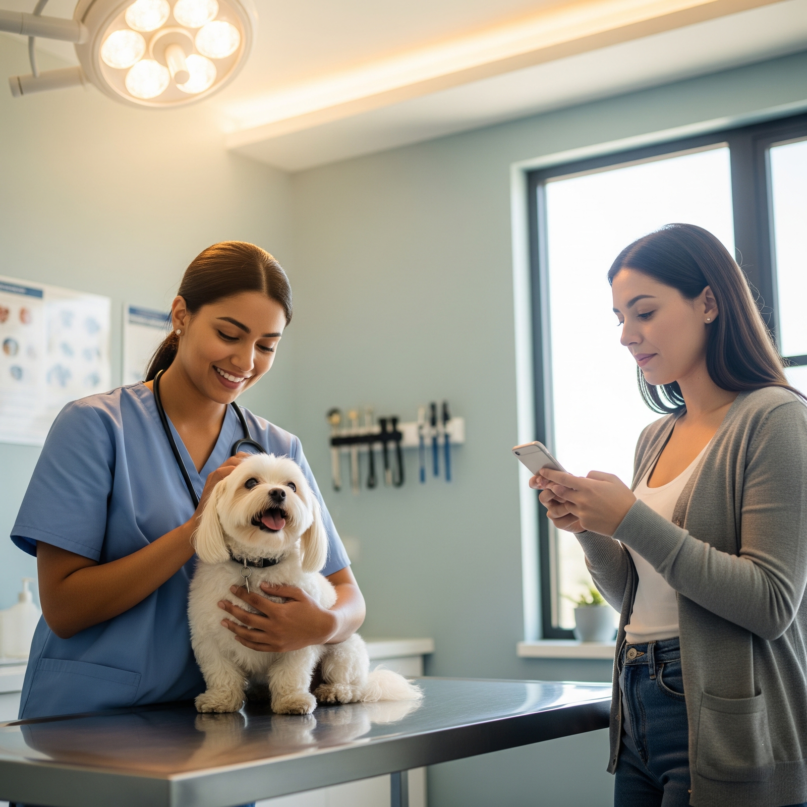 Veterinária examinando cachorro branco enquanto tutora consulta informações no celular