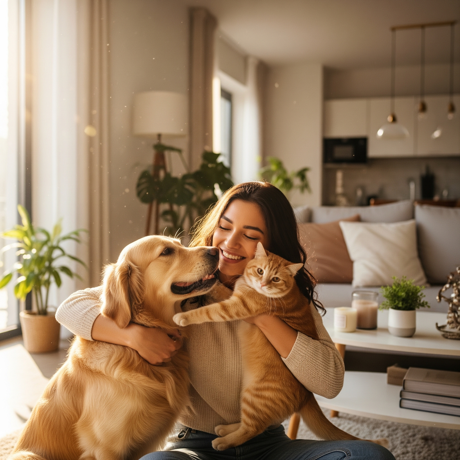 Tutora abraçando seu golden retriever e seu gato laranja em casa, com luz natural e alegria