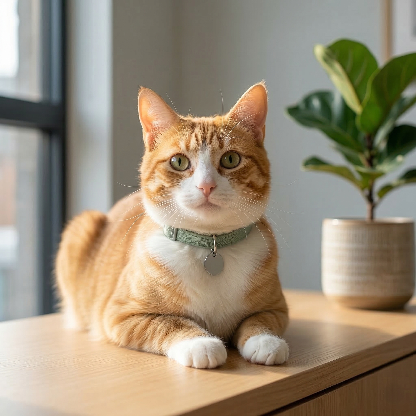 Gato laranja com coleira verde descansando tranquilamente sobre uma mesa de madeira